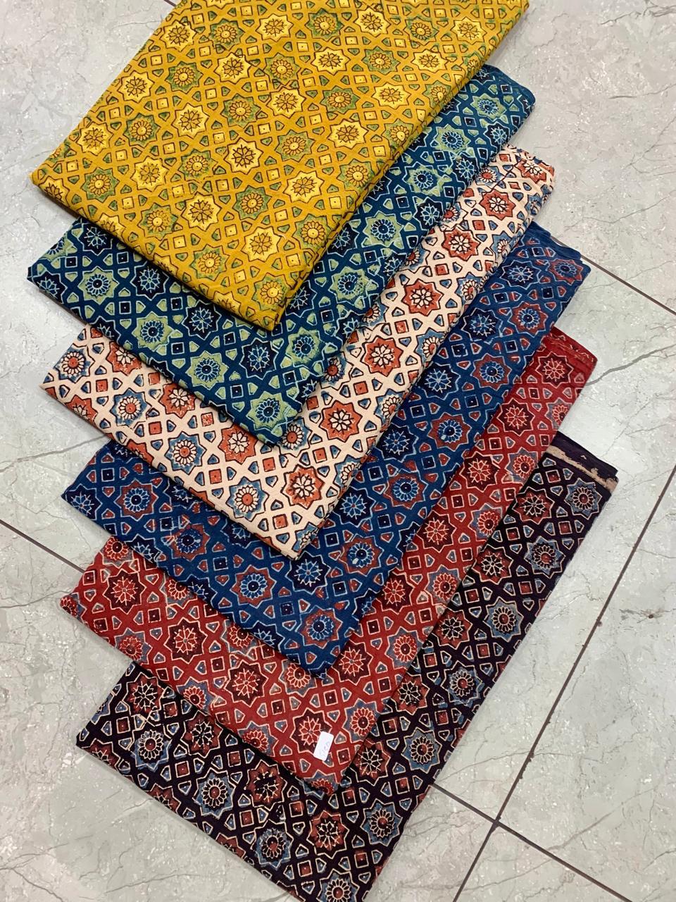 Ajrakh pure cotton handblock printed fabric in indigo with multicolour geometric pattern